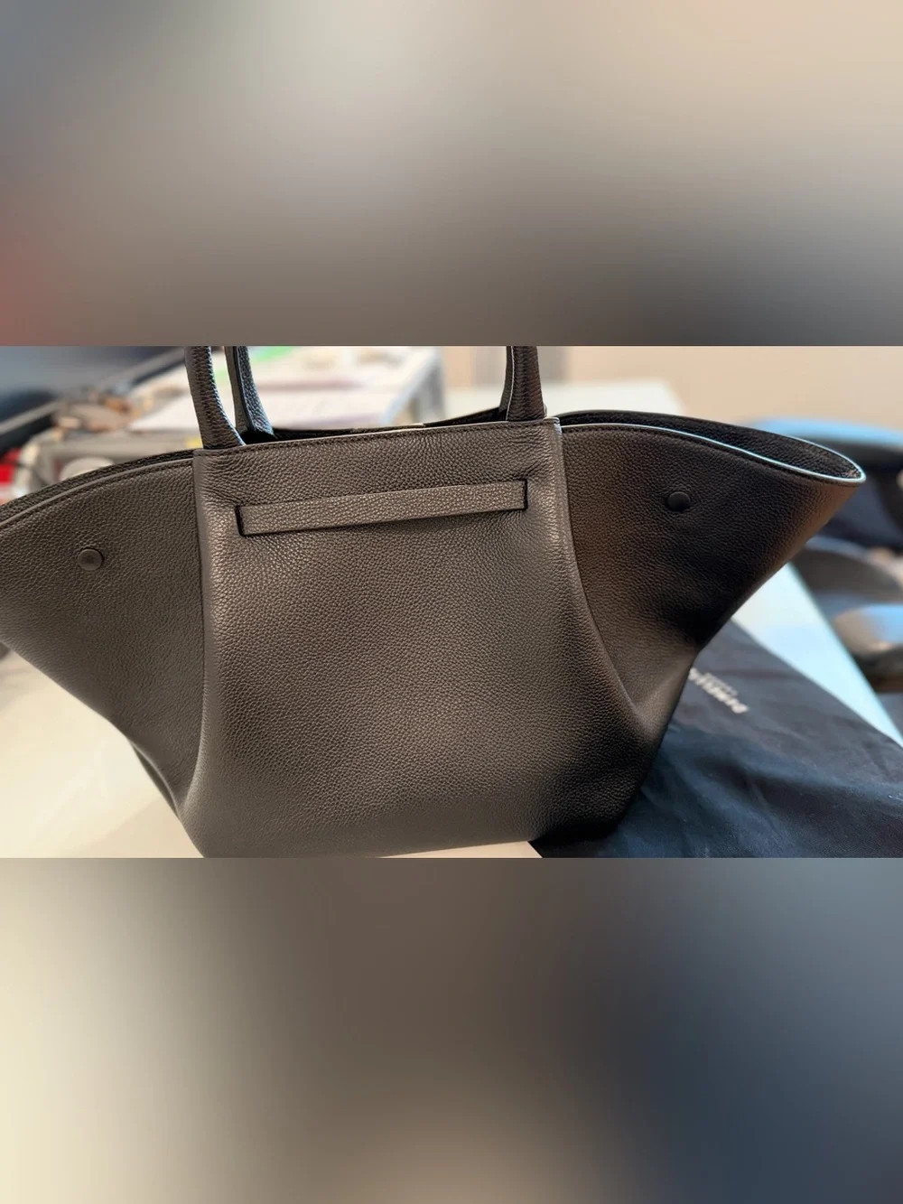 Structured Black Leather Tote with Gold Accent